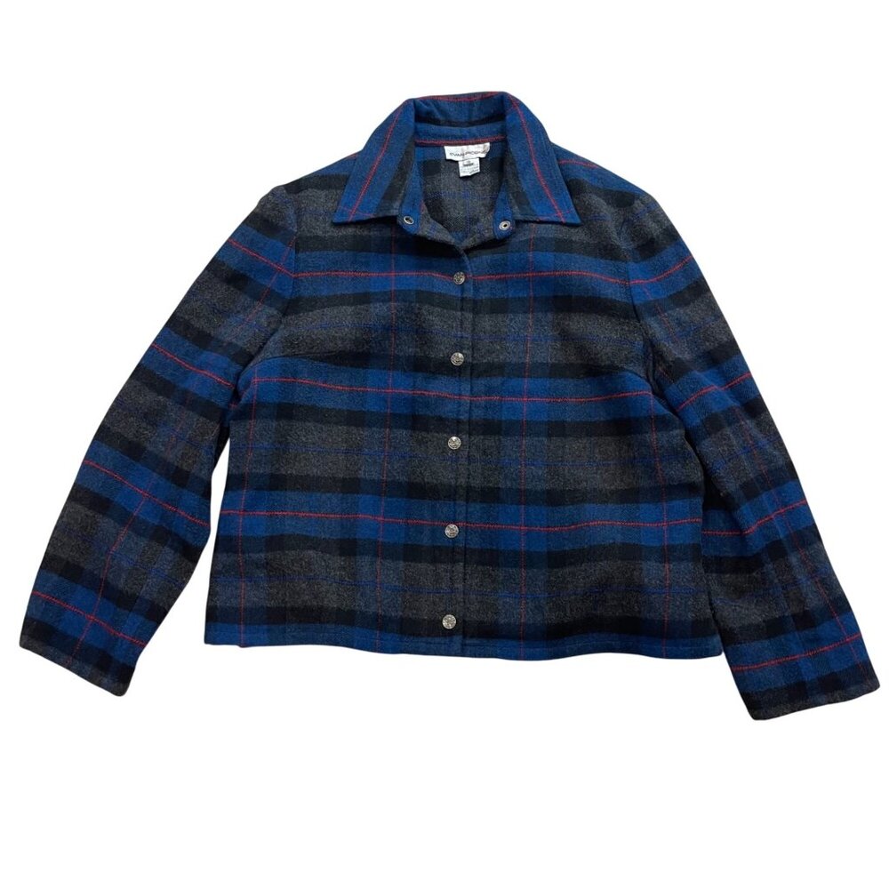 Vintage Evan-Picone Wool Jacket, Coat Women's Size 18 Snap Closure Plaid Blue